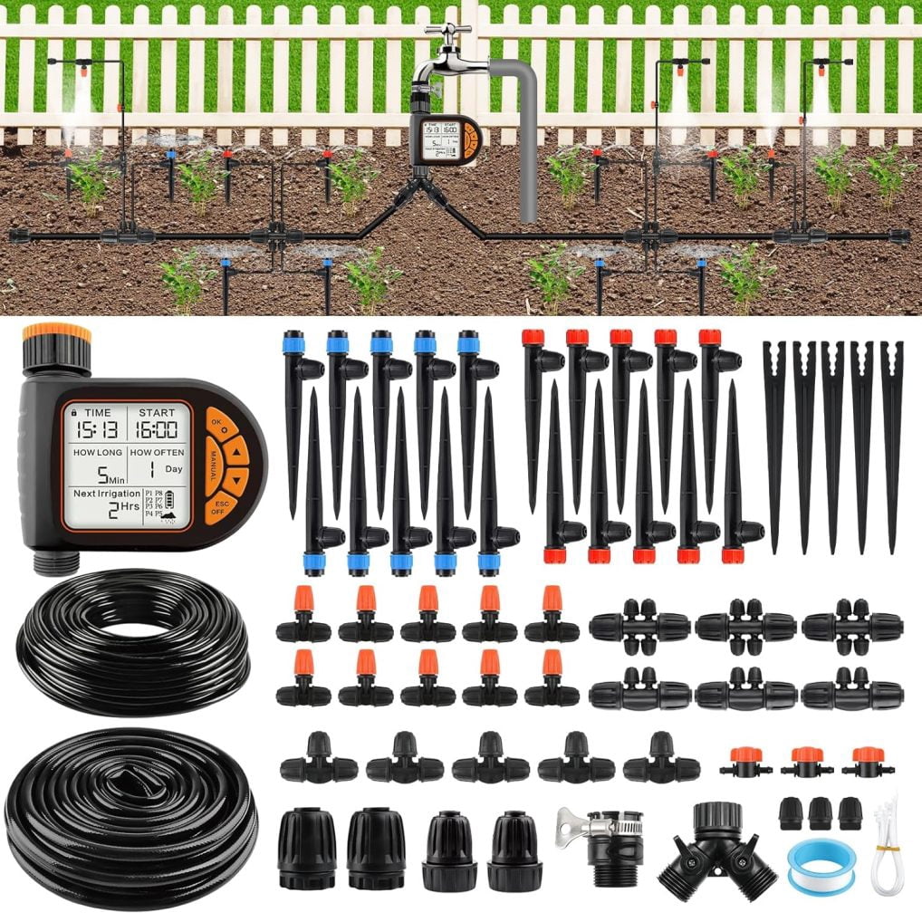 207FT Automatic Drip Irrigation Kit with Water Timer, RYTZ 1/4" 1/2 ...