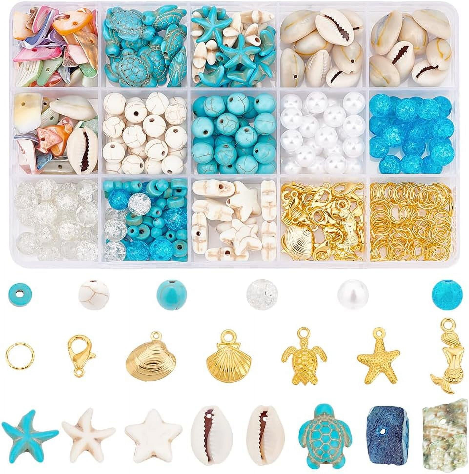 207pcs Starfish Shell Beads Ocean Jewelry Making 20g Seashells Synthetic Turquoise Beads Turtle Mermaid Charms Cowrie Shell Beads for Summer Beach Necklace Bracelet Anklet Jewelry Making