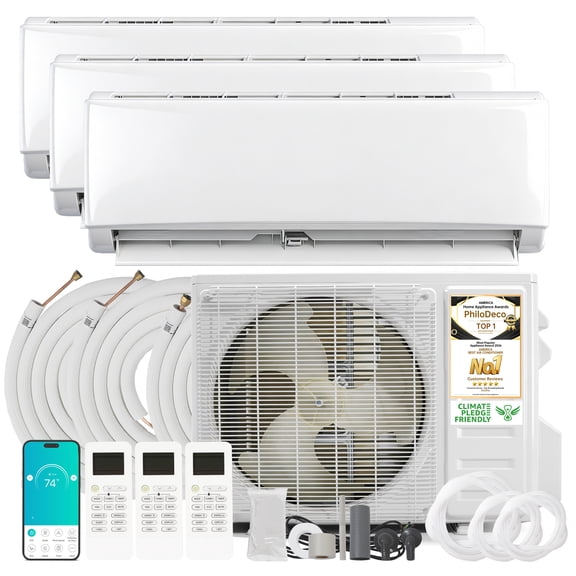 208-230V 3-Zone Ductless Mini Split by PhiloDeco – 36000 BTU 20 SEER2 Wi-Fi Inverter System, 12K+12K+12K BTU Wall-Mounted AC/Heaters with Pre-Charged Condenser & 25-Ft Line Sets