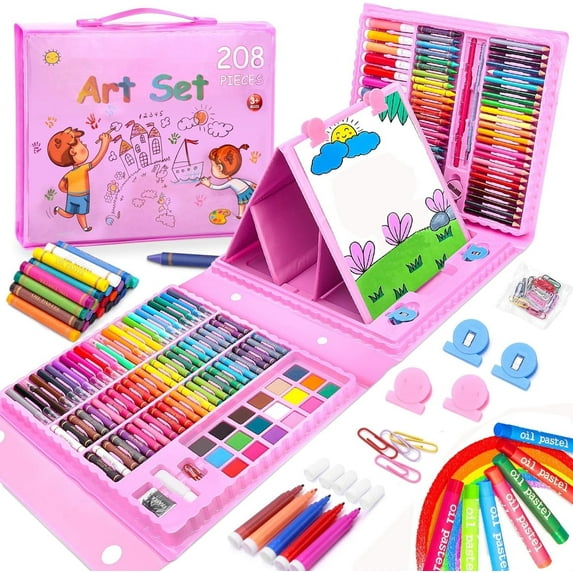 208 PCS Art Supplies, Drawing Art Kit for Kids Adults Art Set with Double Sided Trifold Easel,Art Set for Kids with Oil Pastels, Crayons, Colored Pencils,Gift for Girls Boys Artist(Large,Pink)
