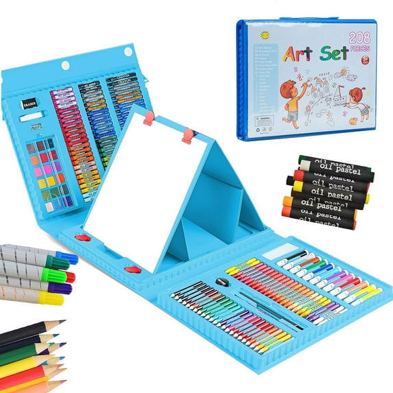 208 PCS Art Supplies, Drawing Art Kit for Kids Adults Art Set with Double Sided Trifold Easel, Oil Pastels, Crayons, Colored Pencils, Watercolor Pens Gift for Girls Boys Artist, Blue