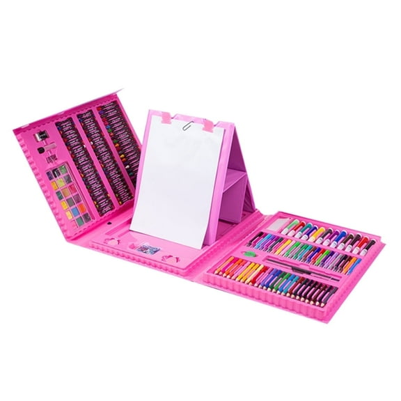 208 PCS Art Supplies,QZS Drawing Art Kit with Double Sided Trifold Easel Box with Colored Pencils,Paint Brush for Kids,Girls,Boys(Pink)