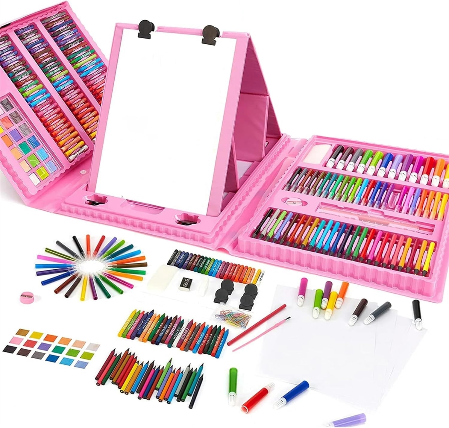 208 Pcs Art Supplies Kid's Drawing Art Kit Painting Art Set Crafts Case for Girls Boys Artist Gift Box with Trifold Easel, Includes Oil Pastels Crayons Colored Pencils Watercolor Pens Markers(Pink)