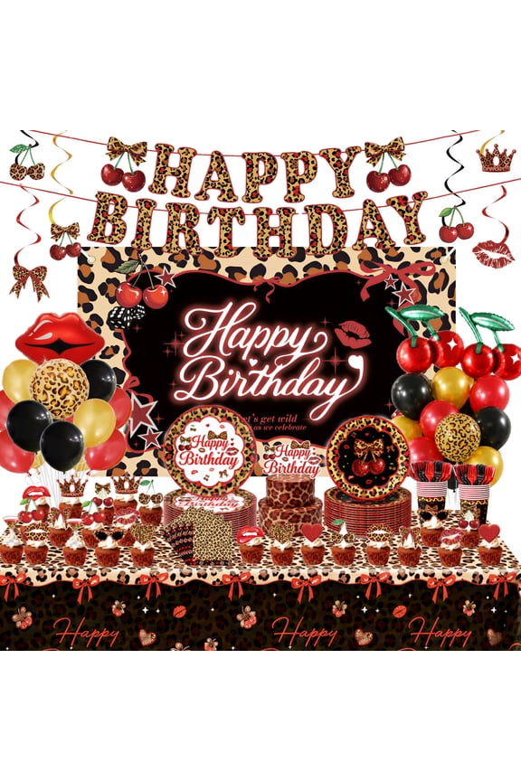 208 Pcs Red Cheetah Print Birthday Party Decorations and Tableware Set, Leopard Theme Balloon Kit with Backdrop, Serves 24 Guests