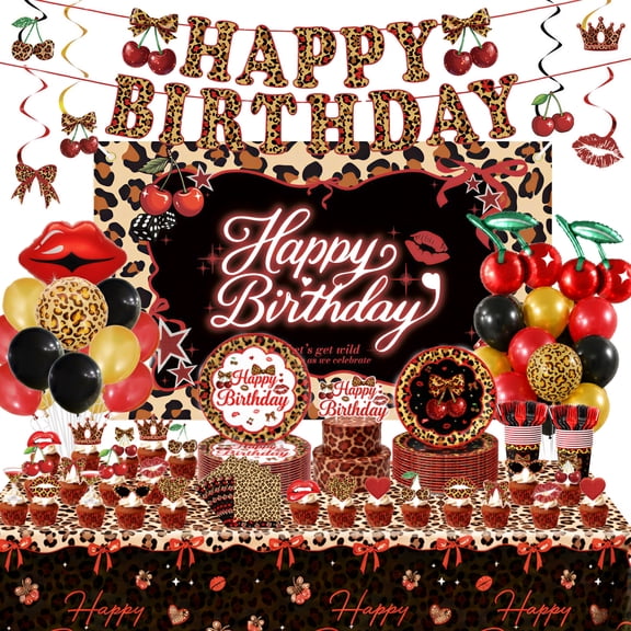 208 Pcs Red Cheetah Print Birthday Party Decorations and Tableware Set, Leopard Theme Balloon Kit with Backdrop, Serves 24 Guests