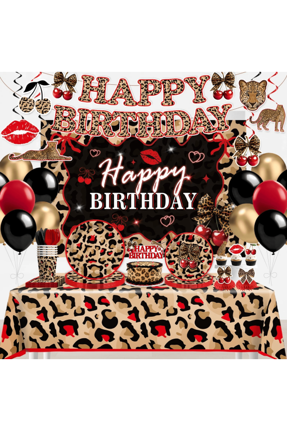 208 Pcs Red Cheetah Print Birthday Party Decorations and Tableware Set, Leopard Theme Balloon Kit with Backdrop, Serves 24 Guests