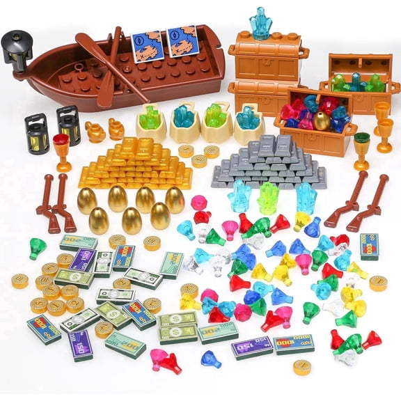 208 Pcs Treasure Accessories,Money Building Blocks Set,Treasure Chest Building-Block Bricks Pack,Pirate Ships Maps Dollar Jewel Gems Diamonds Gold Bar
