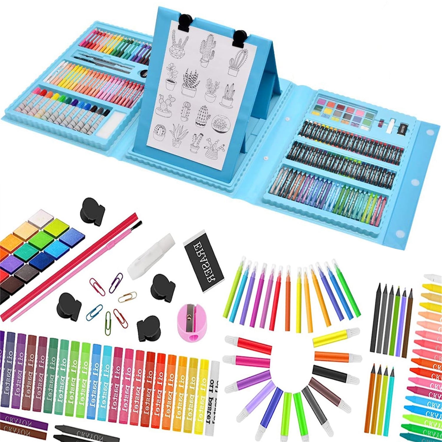 208 Piece Drawing Painting Art Set,Bexikou Drawing Art Kit for Girls Boys Teens,Artist Beginners Craft Set with Trifold Easel, Sketch Pad, Coloring Book, Pastels, Crayons, Pencils (Blue)