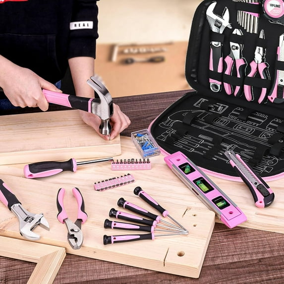 208-Piece Pink Tool Kit for Women with Round Pouch, Small Home Tool Set for Daily Use and Gifts