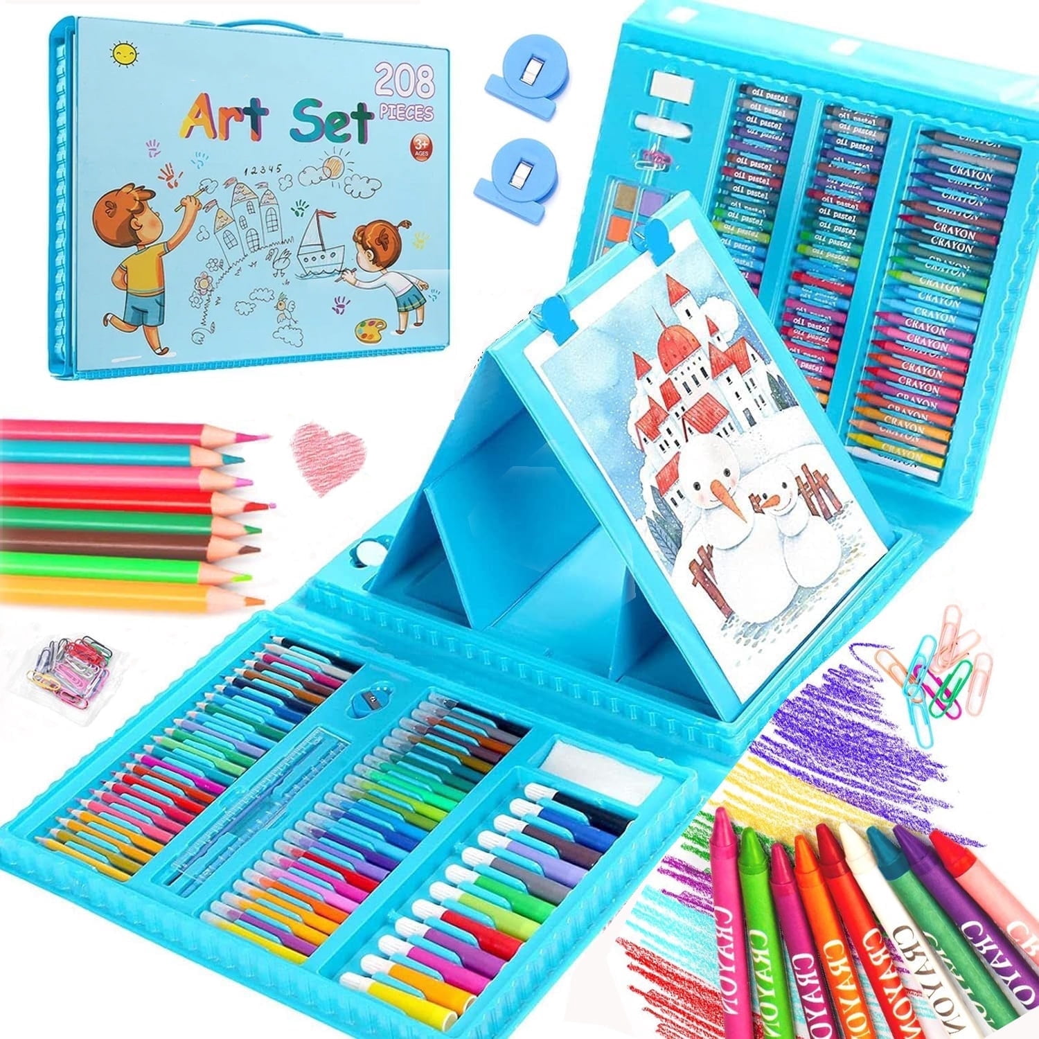 208 Pieces Art Supplies, Drawing Sets for Kids 8-12, Deluxe Artist Drawing & Painting Set with Double Sided Trifold Easel, Oil Pastels, Crayons, Colored Pencils, Christmas Gift for Kids Teens,Blue