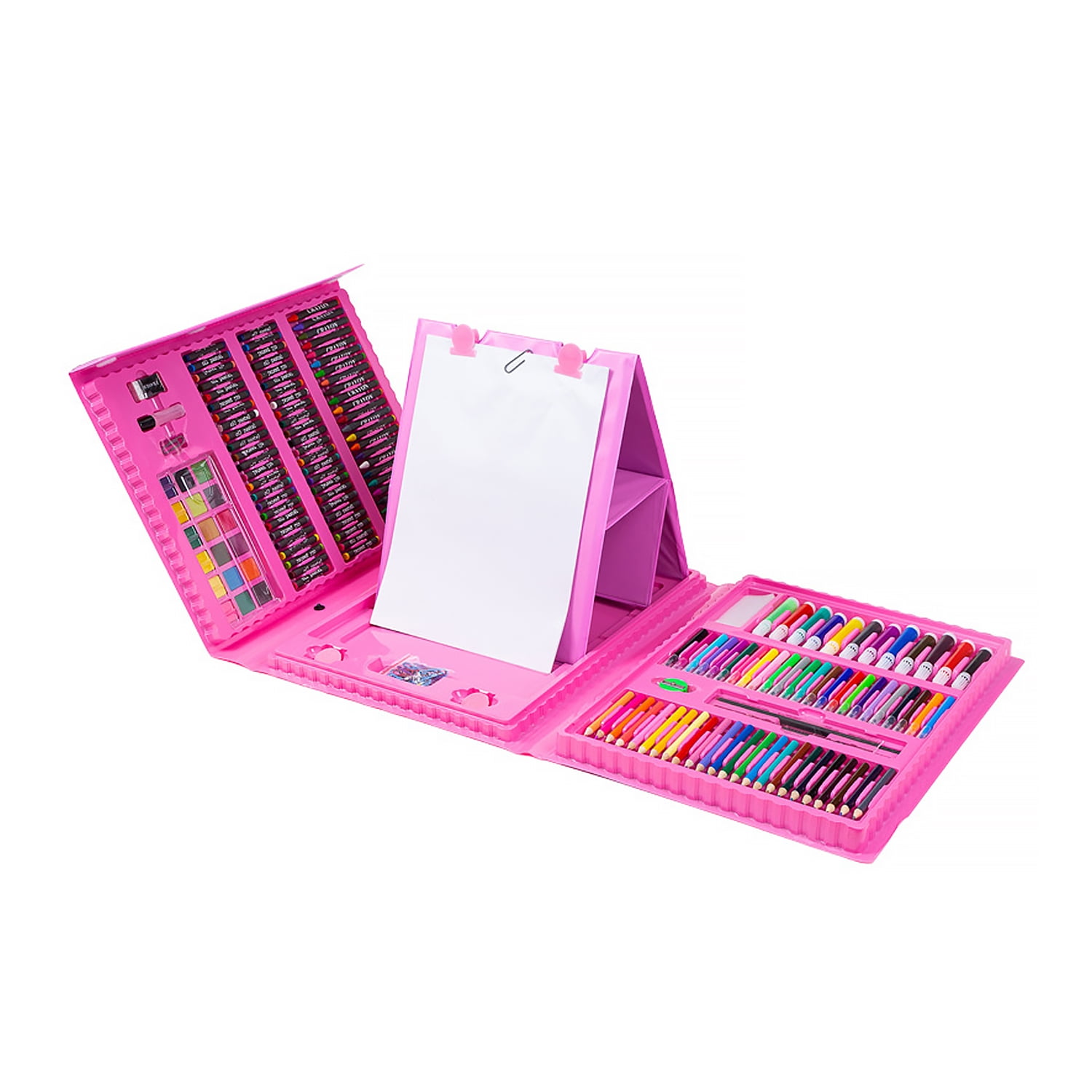 208 Pieces Double Sided Trifold Easel Art Set, Drawing Art Box with Oil Pastels, Crayons, Colored Pencils, Paint Brush, Watercolor Cakes, Drawing Board (Pink)
