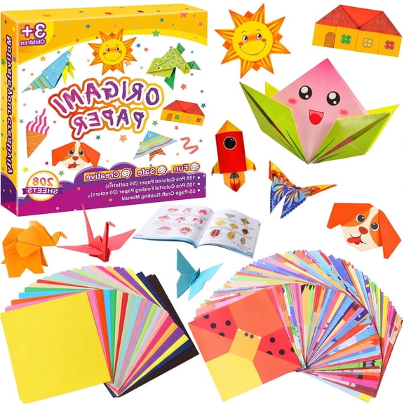 208-Sheet Origami Paper Kit, Double-Sided Colorful Folding Paper with Instruction Book, 14x14cm, Ages 5-12