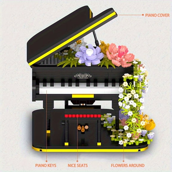 2080PCS Mini Piano Model Assembly Kit  Micro Brick Grand Piano with Floral Details, Display Building Toy for Adults & Teens, Home Decor Gift Idea