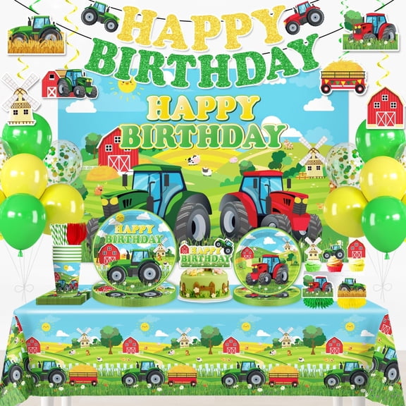 208pcs Tractor Birthday Decorations, Worry-free Set for 25 Guests, with No-DIY Banner Thick Plates Backdrop Tablecloths and Cupcake Toppers, Easy Setup Farm Birthday Party Decorations