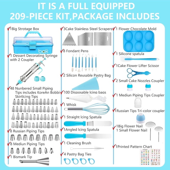 209 PCS Cake Decorating Kit with Syringe Set, Baking Supplies Storage Case, Icing Piping Bags Tips for Beginners