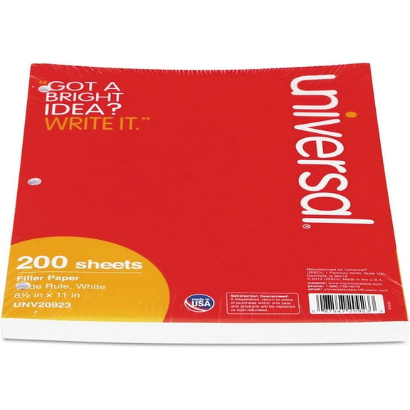 20923 Filler Paper, 8 1/2 x 11, Wide Rule, White, 200 Sheets/Pack