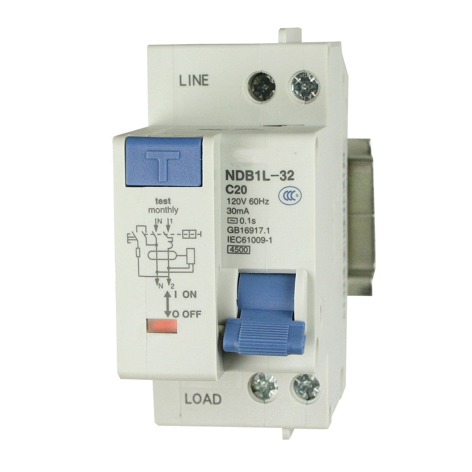 20A, 120V AC, , 1 Pole + Neutral Pole, DIN Rail Mount Miniature Circuit Breaker, Trip Curve: C, UL1053 Recognized