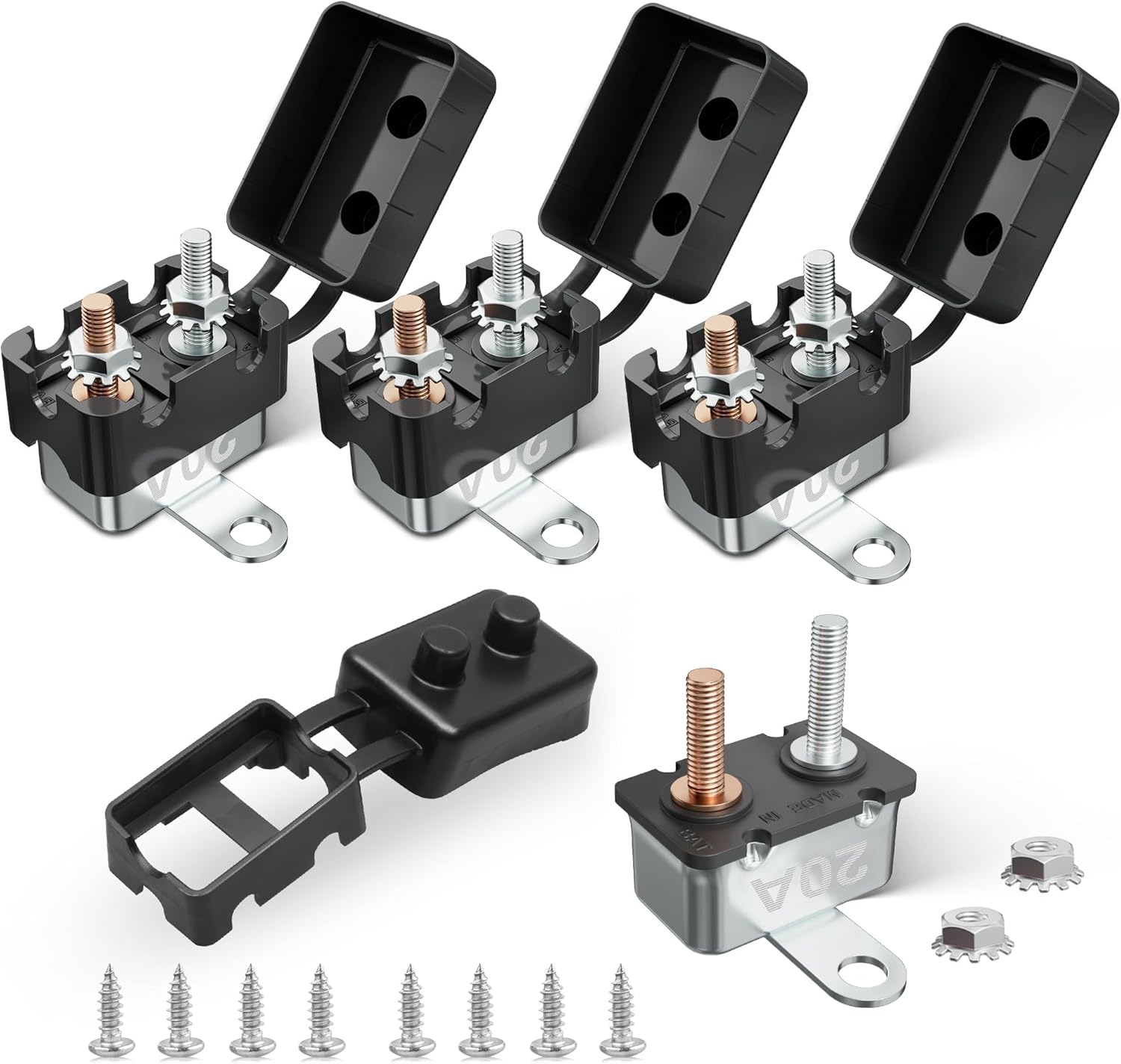(20A 4PCS) DC 6V-50V Automatic Reset Circuit Breaker #10-32 Stud Bolt Type Circuit Breaker with Metal Fuse Housing Pre-Trimmed Cover Reusable for Boat Marine Trolling Motor RV Battery System