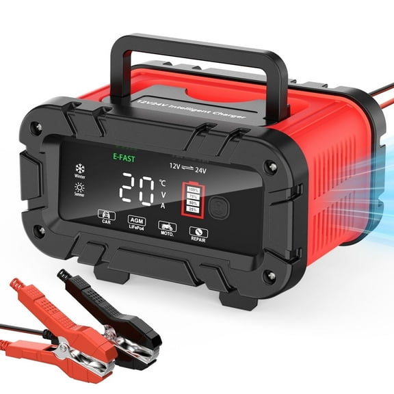 20A Battery Charger 12V/24V LiFePO4 Lead Acid Fully Automatic Battery Maintainer, Car Battery Trickle Charger Automotive w/Battery Repair, Winter Mode, for AGM, STD, Gel, Deep Cycle Batteries, Red