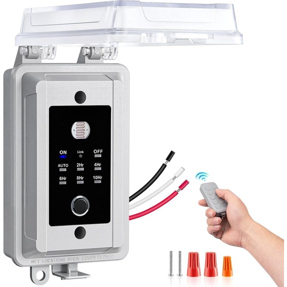 20A Dusk to Timer with 100FT Remote Control, 2400W Hardwired Weatherproof Light Sensor Photocell Power Controller for Outdoor Lighting, High-Load Circuits, Landscape Decorations