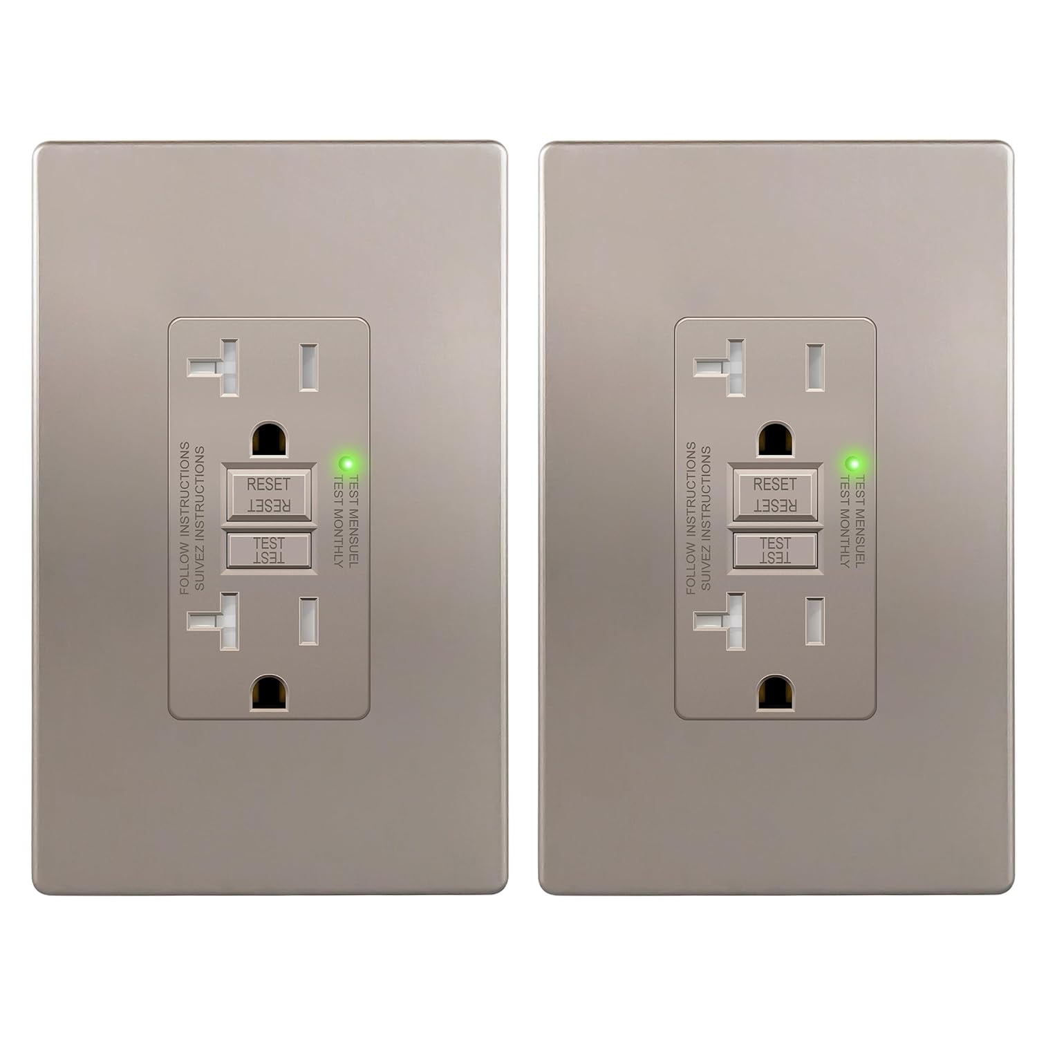 20A GFCI Outlet, Tamper-Resistant Receptacle with Self-Test, LED Indicator, ETL Listed, Anti-Interference (No-False-Trip) Protection, Residential/Commercial, Screwless Wall Plate, Nickel, 2 Pack