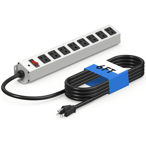 VILONG 2500W Heavy Duty Metal 20A Power Strip with 8 Outlets, 1200J Surge Protector, 6ft 12AWG Cord, Corner-Installable for Shop Kitchen
