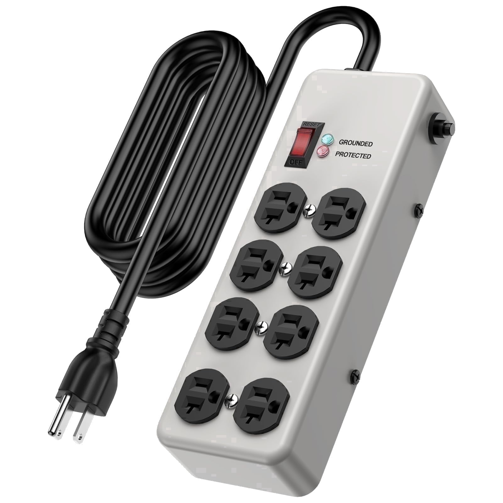 VILONG 20 Amp Metal Power Strip,Heavy Duty Electrical Surge Protector, 8-Outlet 4800J 2500W,6ft 12AWG Extension Cord Plug for Indoor/kitchen,Gray