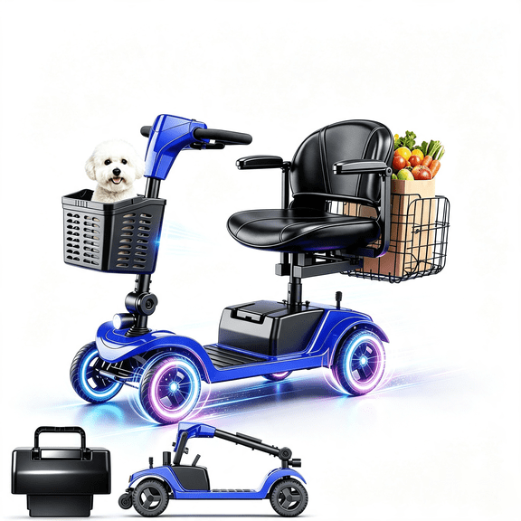 25Ah 28 Miles Electric Senior Mobility Scooter, 300W Motor 300lbs Capacity Travel Scooter with Dual Baskets, blue