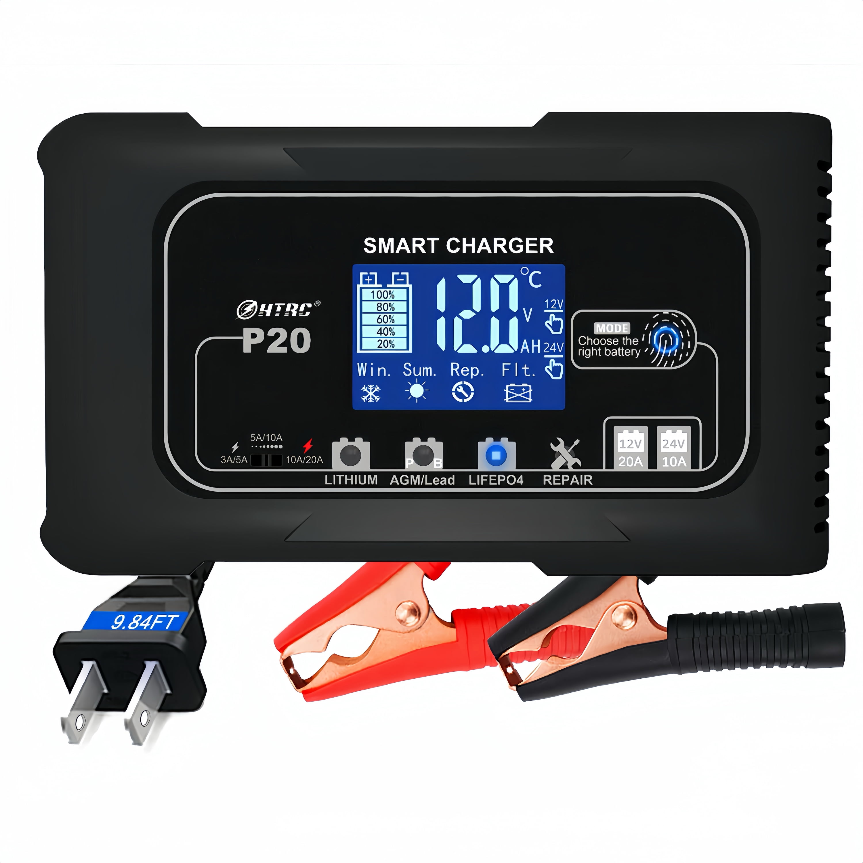 20Amp Lithium Battery Charger, 12V And 24V, Lifepo4, Lead-Acid (AGM/Gel/SLA.) Car Battery Charger, Maintainer Cycle Charger Trickle Charger Battery Desulfator For Boat, Motorcycle, Golf Cart