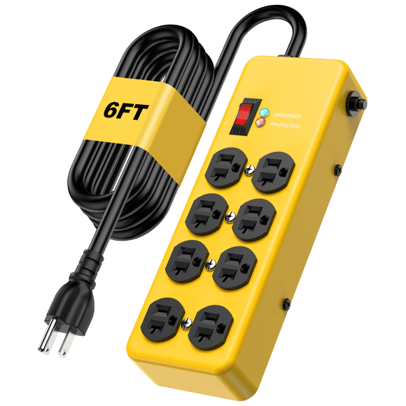 20Amp Power Strip Surge Protector, Durable Metal 8-Outlets with Heavy Duty 20 Amp 6Ft 12 Gauge Extension Cord for Garage, Workshop & Industrial Use with 6-20R T-Slot Outlet, 4800J Yellow