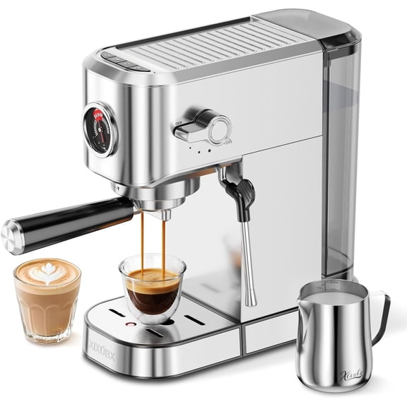 20Bar Espresso Machine, Compact Maker with Milk Frother, Stainless Steel Coffee Machine for Cappuccino&Latte, 42oz Water Tank, Visible Pressure Gauge, Home&Office, Silver