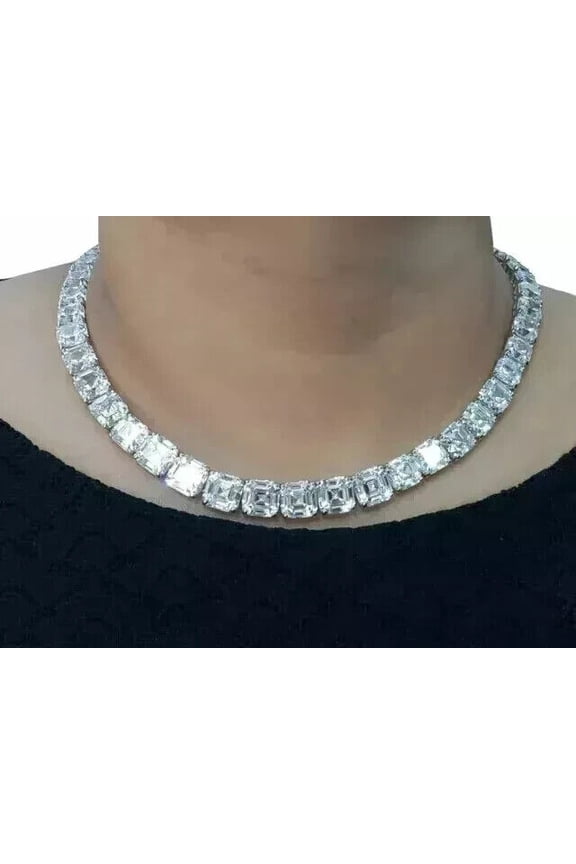 20CT Asscher Cut Simulated Diamond Women's Tennis Necklace 14K White Gold Plated 18"in