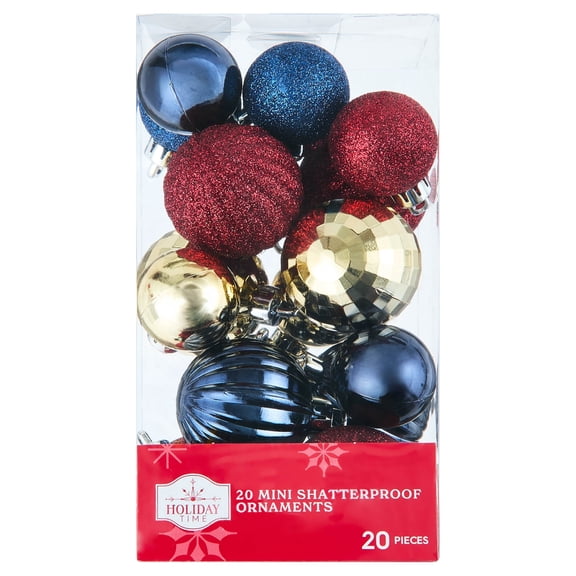 20-Count Dark Red/Blue/Gold Mini Ball Shatterproof Christmas Ornaments, by Holiday Time