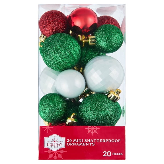 20-Count Red/Green/White Mini Ball Shatterproof Christmas Ornaments, by Holiday Time