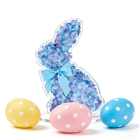 20Cm Blue Hydrangea Easter Bunny Figurine, 2D Floral Desktop Decoration For Spring And Holiday Table Decor