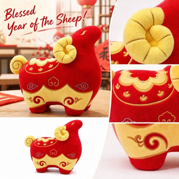 20Cm Red Auspicious Sheep Plush Toy, Chinese Zodiac Stuffed Animal, Soft Lamb Doll With Embroidered Details, New Year Decor Gift For Home, Sofa And Shelf
