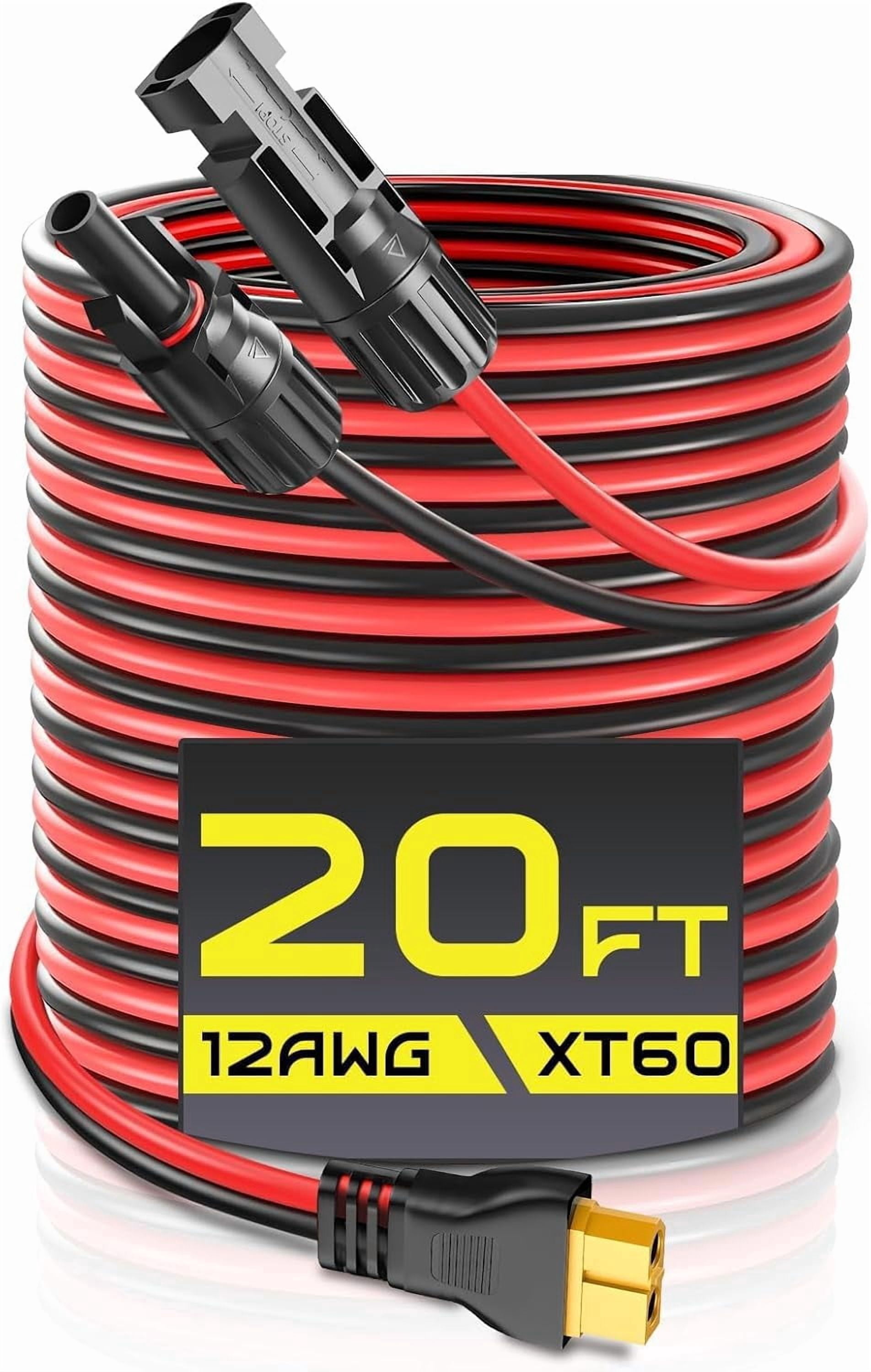 20FT 12AWG XT60 Solar Charging Cable, Solar Panel Connector to XT60 Extension Charge Adapter Cable with Caps & Wire Ties for LiFePO4 Battery RV Portable Power Station Generator