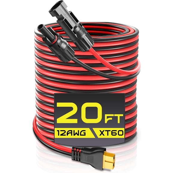 20FT 12AWG XT60 Solar Charging Cable, Panel Connector to Extension Charge Adapter Cable with Caps & Wire Ties for LiFePO4 Battery RV Portable Power Station Ecoflow Generator