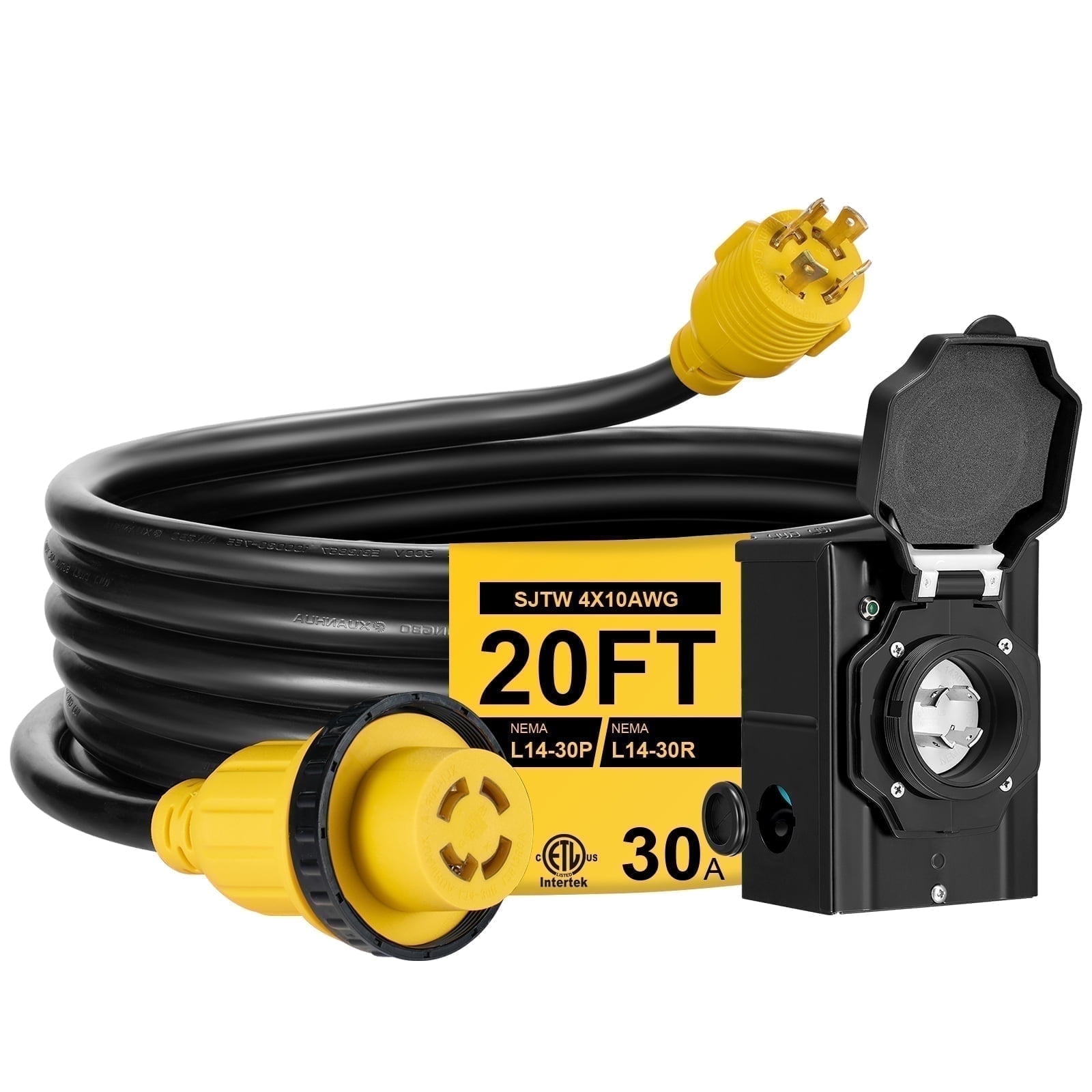 SPEEDWOW 20 FT 30 Amp RV Extension Cord, 125/250V Heavy Duty Extension Cord with Generator Inlet Box, SJTW 4X10AWG ETL Listed, NEMAL14-30P to 14-30R, Waterproof Power Cord for RV Outdoor Home