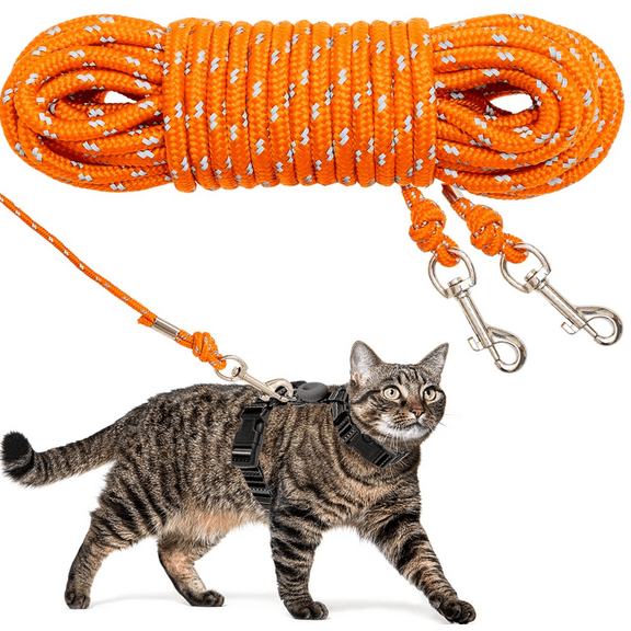 20FT/6M Reflective Extra Long Cat Yard Leash, Lightweight Nylon Long Lead for Kitten, Puppy, Rabbit & Small Animals, Orange