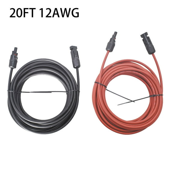 20FT Black & Red Solar Panel Extension Cable 12AWG 12 Gauge Wire Connector with Female Male Solar Connector