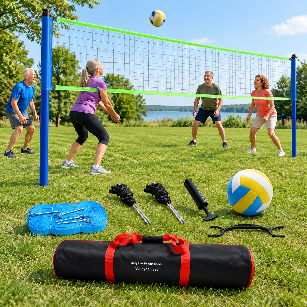 20FT Blue Green Portable Adjustable Volleyball Net System with Carrying ...