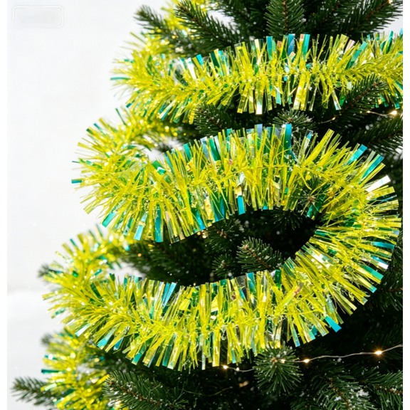 20FT Christmas Tinsel Garland Lime Green Iridescent Metallic Foil Streamer Shiny Xmas Tree Wreath Mantle Fireplace Holiday Party Decorations
