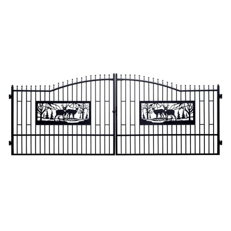 20FT Double Swing Driveway Gate, Heavy-Duty Galvanized Steel with Powder-Coated Finish, Decorative Deer-Design Wrought Iron-Style Outdoor Gate for Driveways, Farms, Ranches & Yards