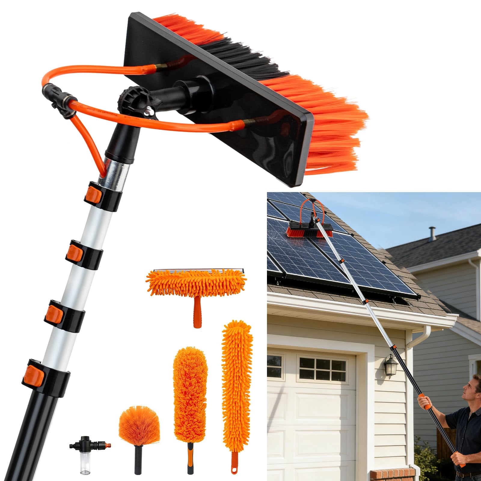 20FT Extendable Cleaning Pole with Adjustable Brush Head & Soap Bottle, Outdoor Cleaning Tool for Windows, Walls, Roofs and Exterior Surfaces