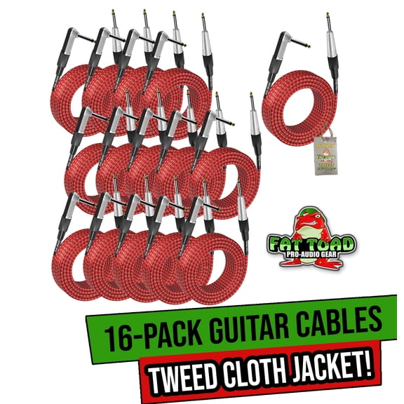 20FT Guitar Cords (16-Pack) by FAT TOAD | Right-Angle to Straight-End Instrument Cable with Tweed Cloth Jacket | 20FT 1/4-Inch TS Jack for Electric Guitar, Bass & Amp | Shielded 24 AWG Patch Conductor