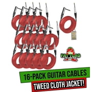 20FT Guitar Cords 16-Pack by FAT TOAD | Right-Angle to Straight-End Instrument Cable with Tweed Cloth Jacket | 20FT 1/4-Inch TS Jack for Electric Guitar, Bass & Amp | Shielded 24 AWG Patch Conductor
