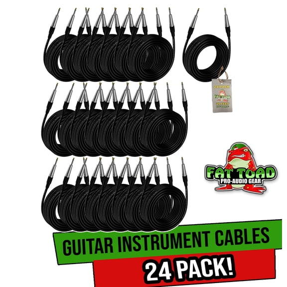 20FT Guitar Cords (24-Pack) by FAT TOAD | 24 AWG Instrument Cables for Electric Guitar, Bass, Amplifier, Speaker & Keyboard | Shielded 1/4-Inch Gold Straight-End Wires