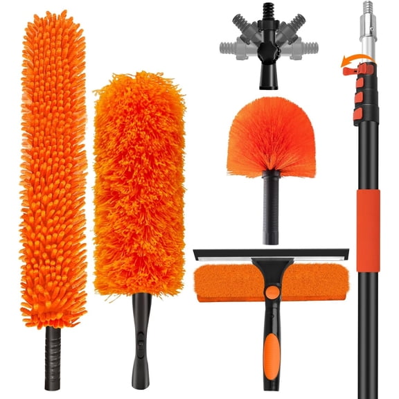 20FT High Duster with Extension Pole 3-12FT, 4-in-1 Cleaning Kit with Swivel Joint, High Ceiling Fan Cleaner Duster, Cobweb Duster, Microfiber Duster and Window
