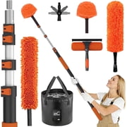 20FT High Reach Duster Cleaning Kit with Extension Pole, High Ceiling Fan Cleaner Duster Tool for Fan Blades, Window Washing Kit with Microfiber Feather Duster & Window Squeegee & Bucket